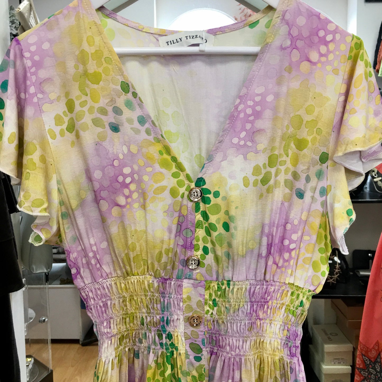 Lilac abstract spot bardot midi dress with shirred waist & flutter sleeves