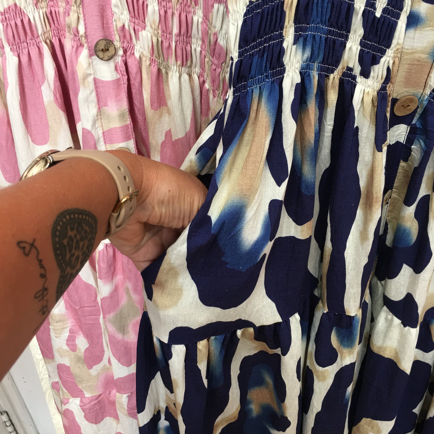 Jasmine Abstract Animal Print Smocked Midi Dress with Flutter Sleeve Bardot dress