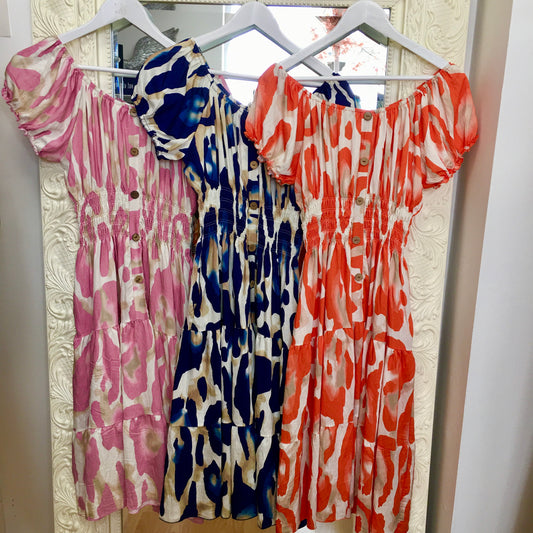 Jasmine Abstract Animal Print Smocked Midi Dress with Flutter Sleeve Bardot dress