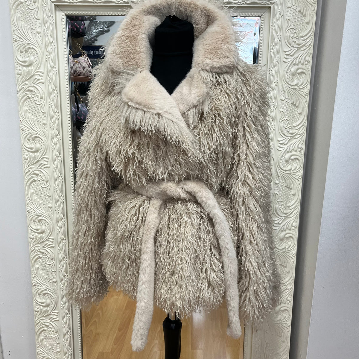 Cream Shaggy Faux Fur Belted Jacket FFOS1