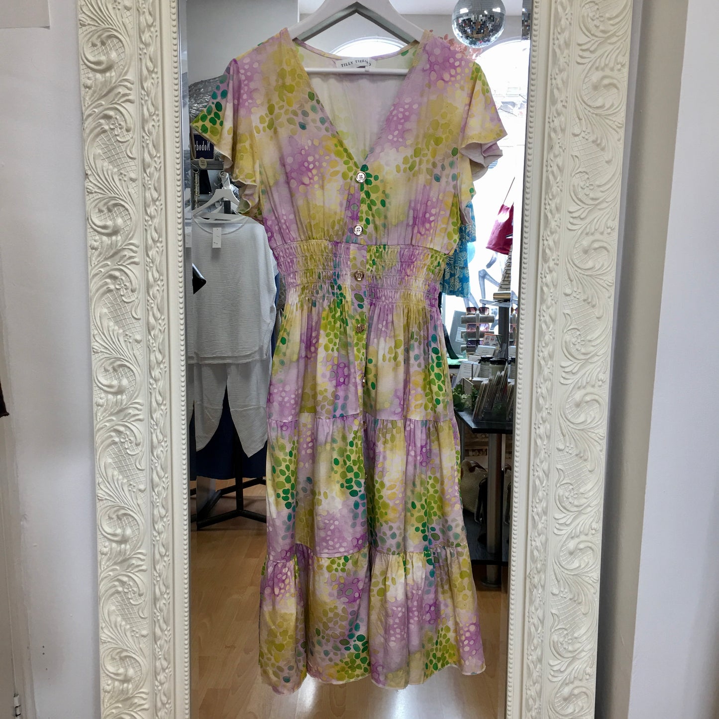 Lilac abstract spot bardot midi dress with shirred waist & flutter sleeves