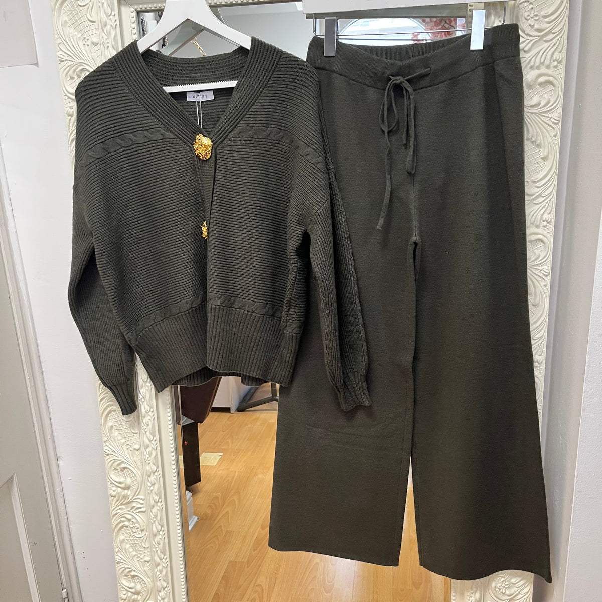 Jessica - Gold Button Knitted Cardigan & Wide Leg Trouser Co-ord Set