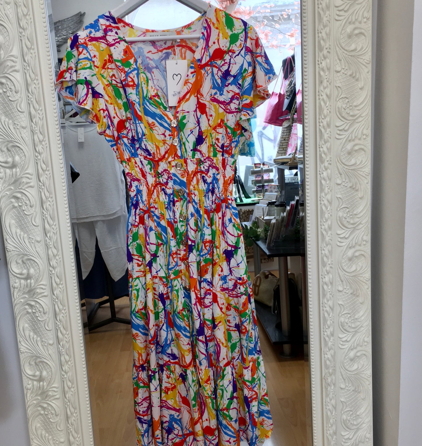 Robyn midi dress with vibrant splash detail & flutter sleeves