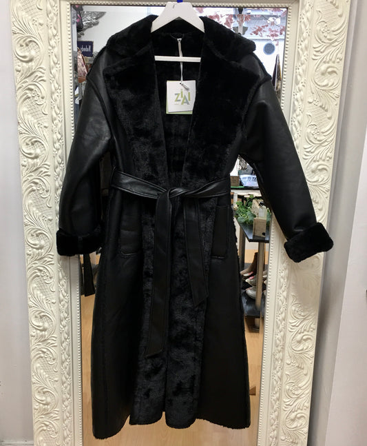 Zoe full length faux leather/fur coat