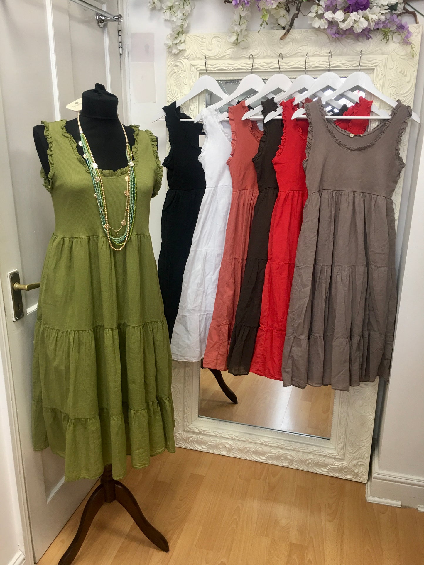 Amelia Sleeveless Tiered Boho Midi Dress with Frill Trim