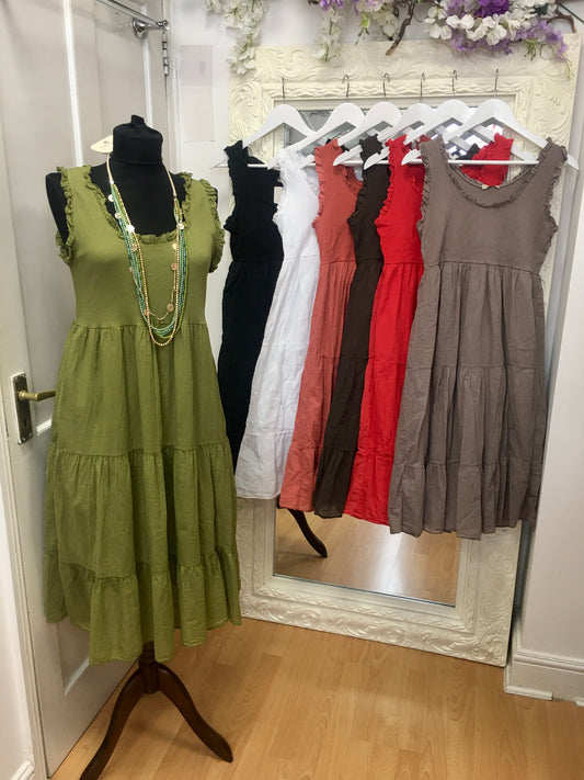 Amelia Sleeveless Tiered Boho Midi Dress with Frill Trim