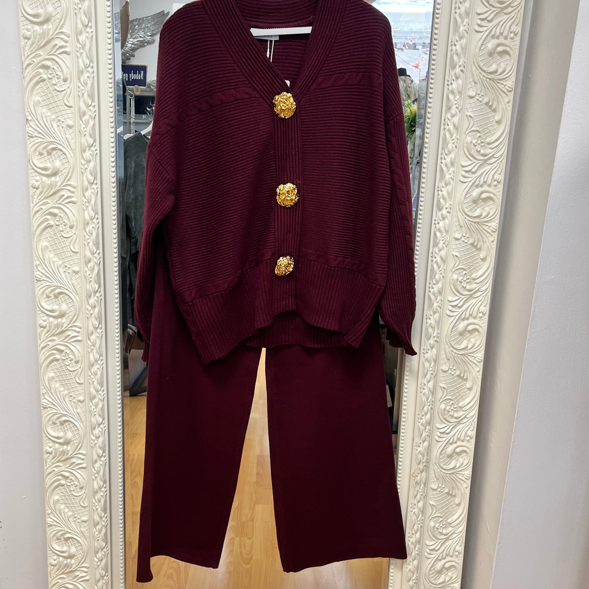 Jessica - Gold Button Knitted Cardigan & Wide Leg Trouser Co-ord Set