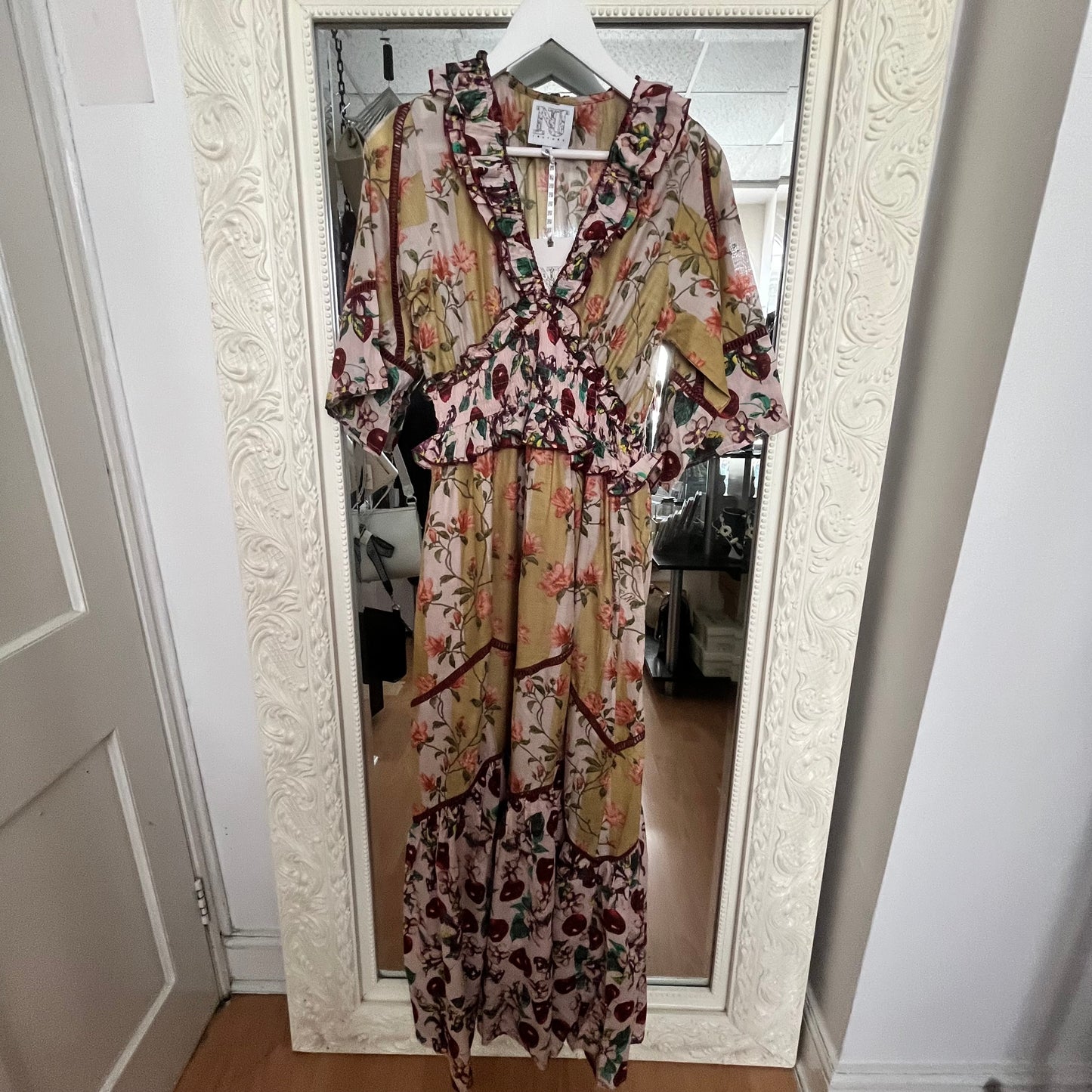 NJ Couture Floral & Cherry Print Maxi Dress M NJCB14