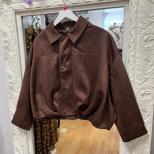 Julie- Chocolate Brown Faux Suede Oversized Bomber Jacket – Small