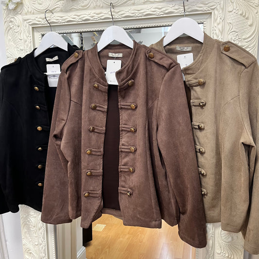 Bonnie - Military Style Faux Suede Jacket with Gold Buttons – Fits Up To 14