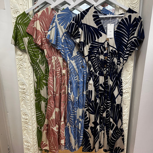 Yara Tropical Palm Leaf Midi Dress with Smocked Waist