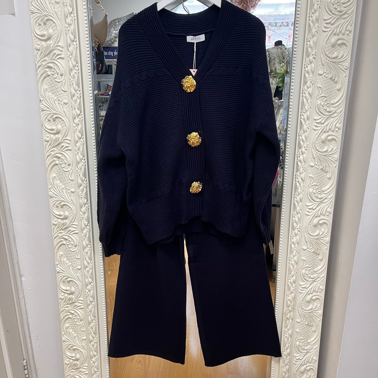Jessica - Gold Button Knitted Cardigan & Wide Leg Trouser Co-ord Set