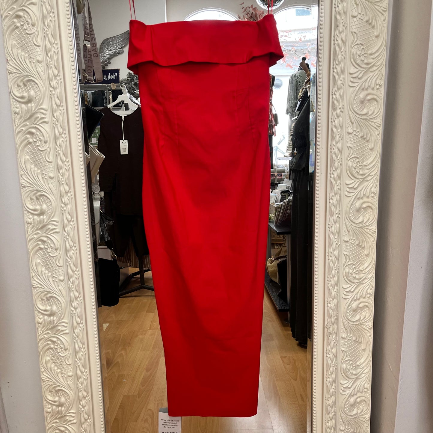 V101 Red Bardot Off Shoulder Midi Dress – Size 10 Vesper
