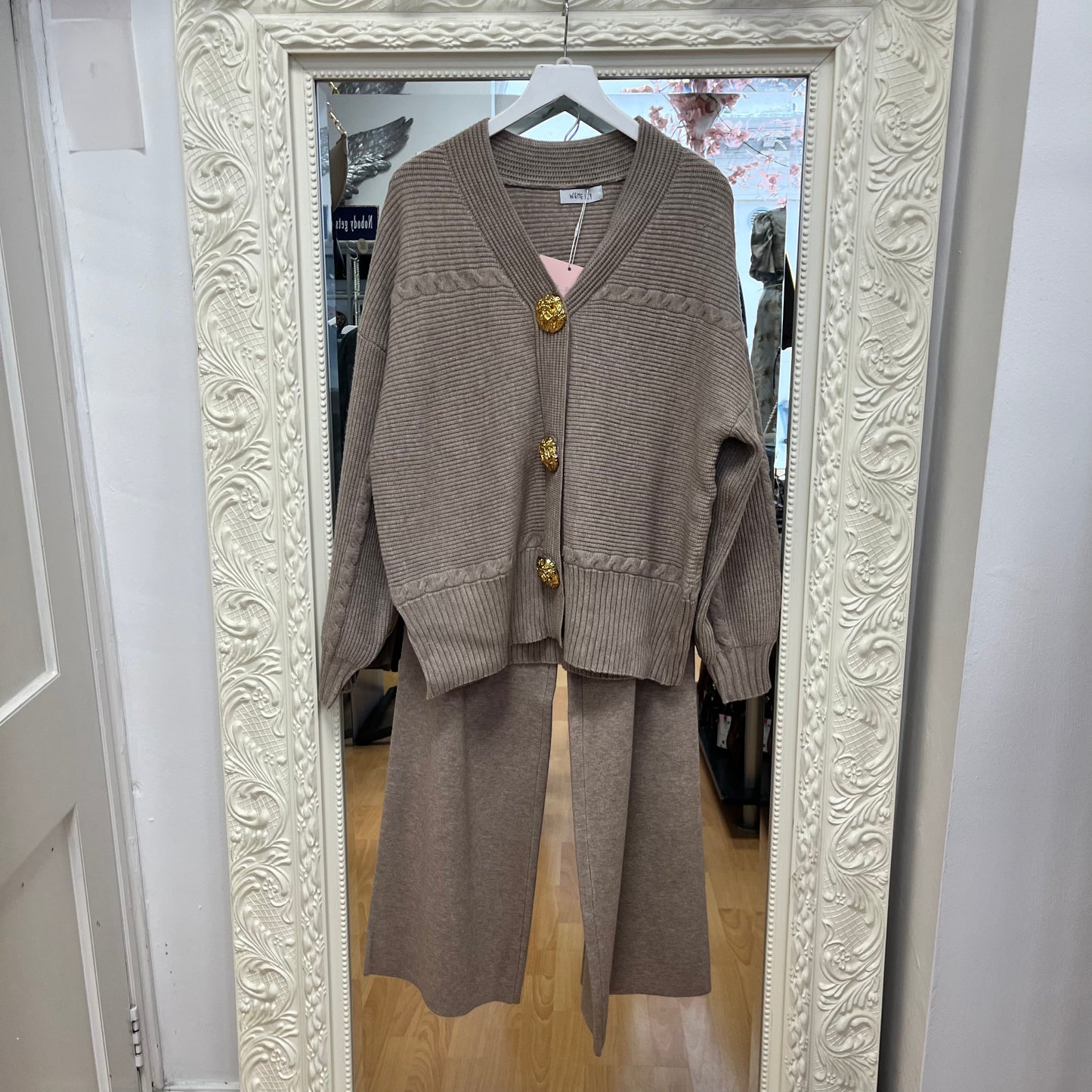 Jessica - Gold Button Knitted Cardigan & Wide Leg Trouser Co-ord Set