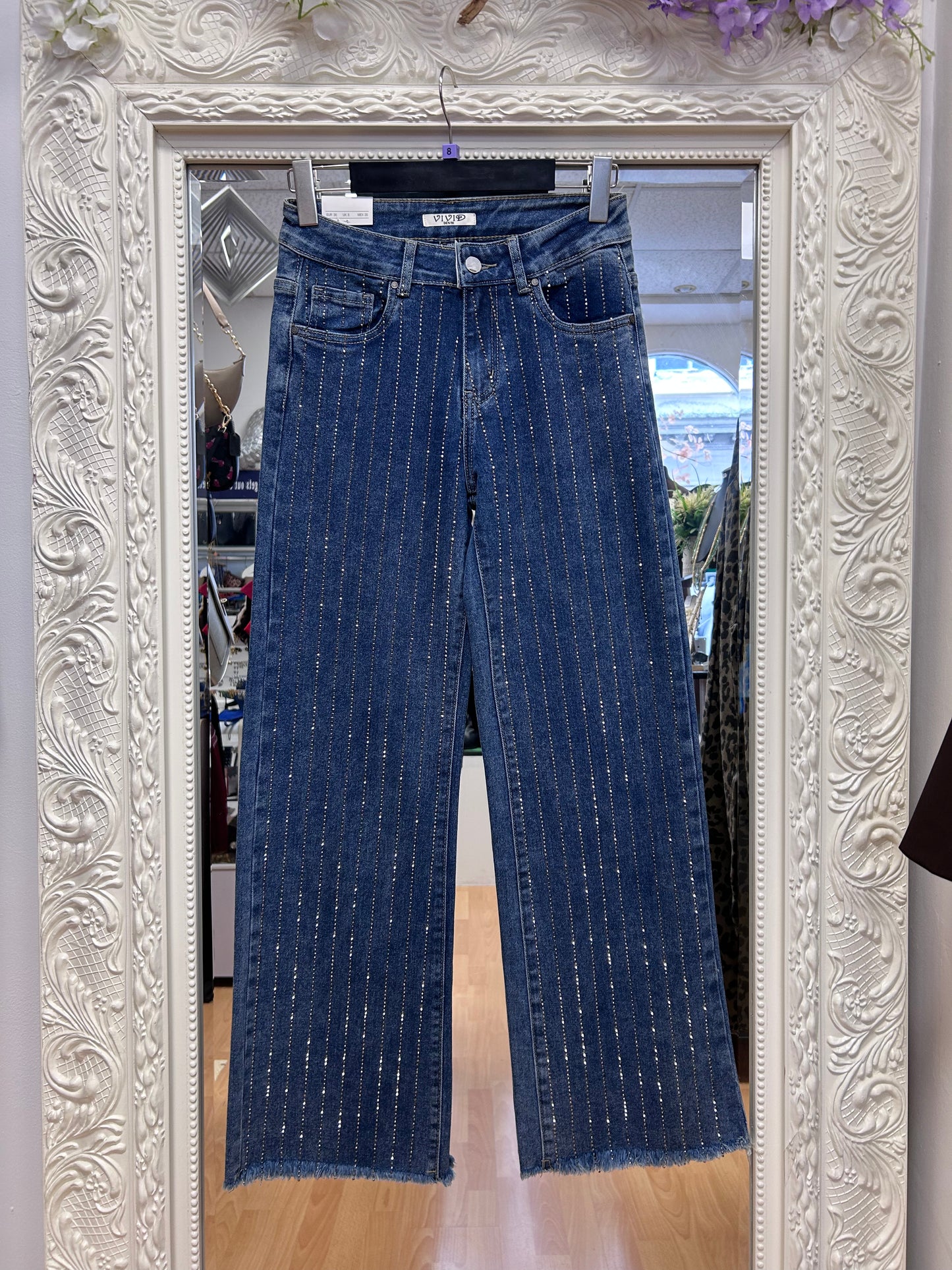 Vivid - Diamante Stripe Skinny Fit Jeans – Mid Blue – Size 8