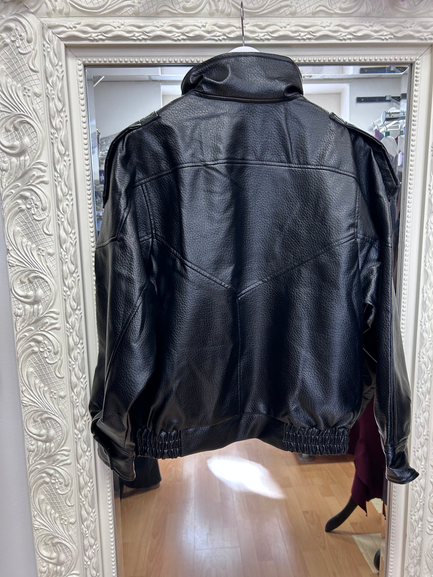 Selina - Black Oversized Leather-Look Bomber Jacket – Size Small