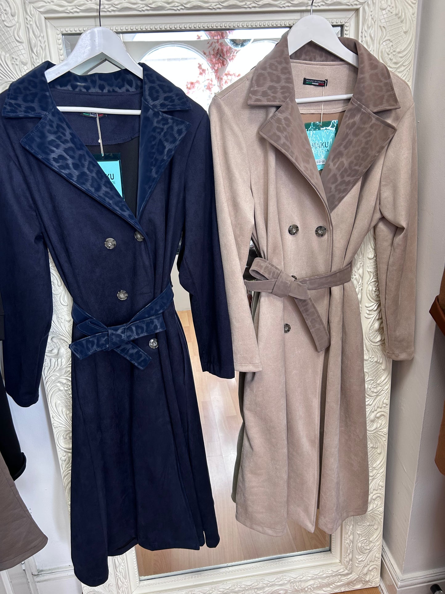 Maku - Leopard Detail Suede-Look Belted Trench Coat – Fits Up To 16