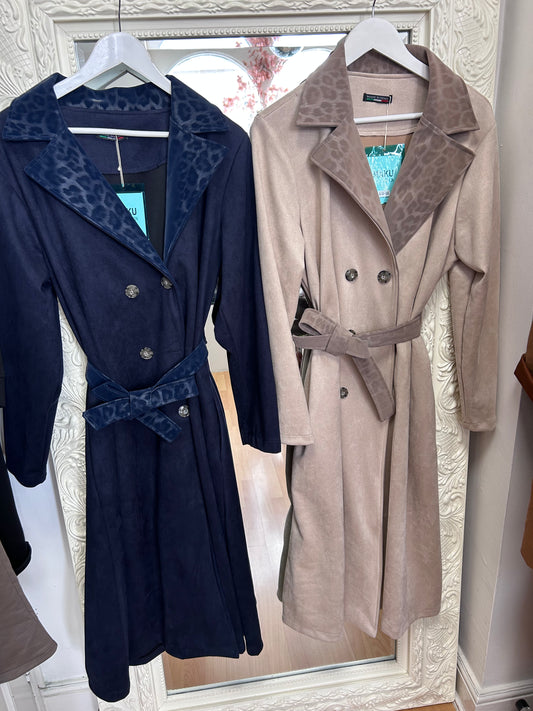 Maku - Leopard Detail Suede-Look Belted Trench Coat – Fits Up To 16