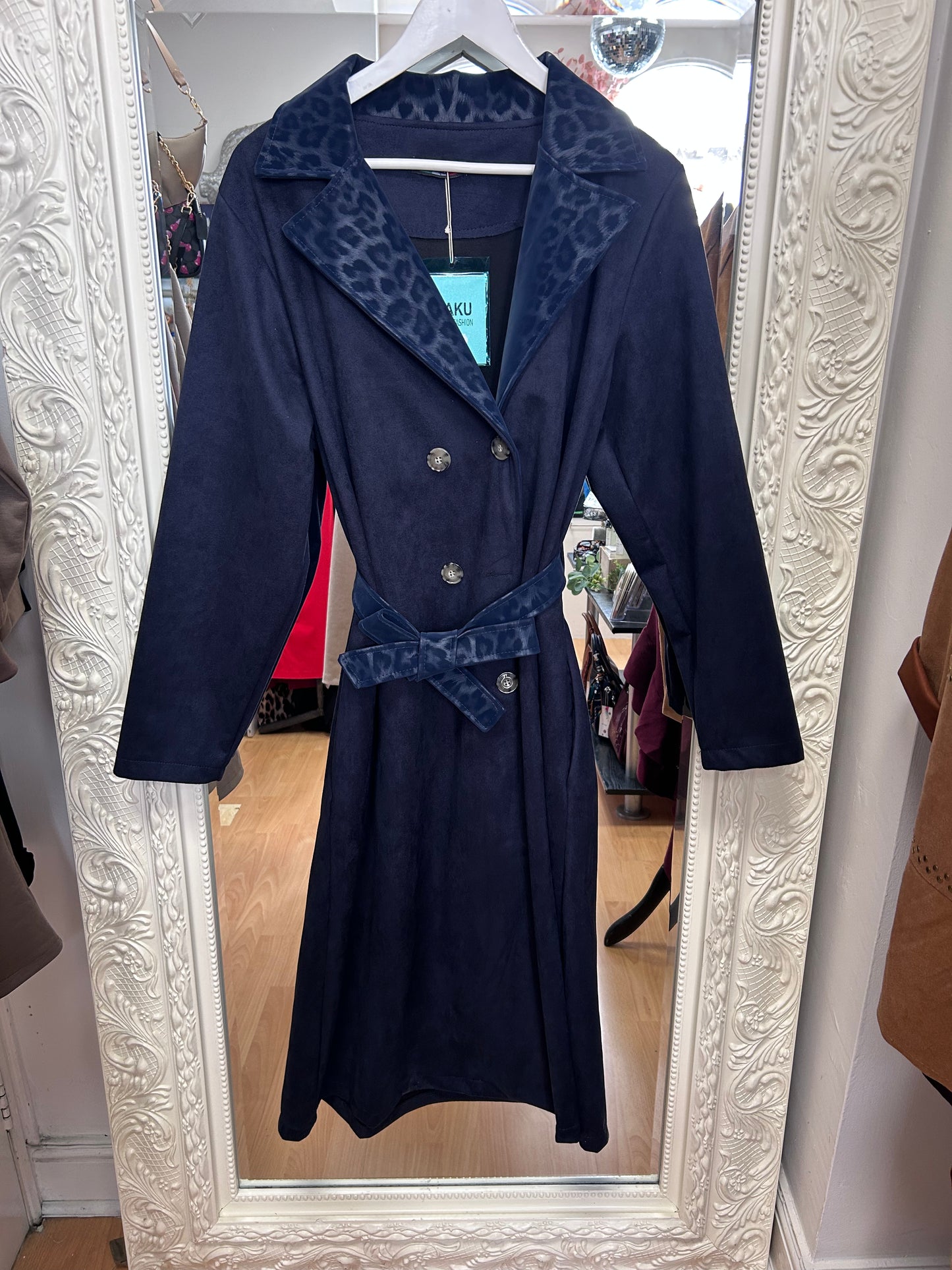 Maku - Leopard Detail Suede-Look Belted Trench Coat – Fits Up To 16