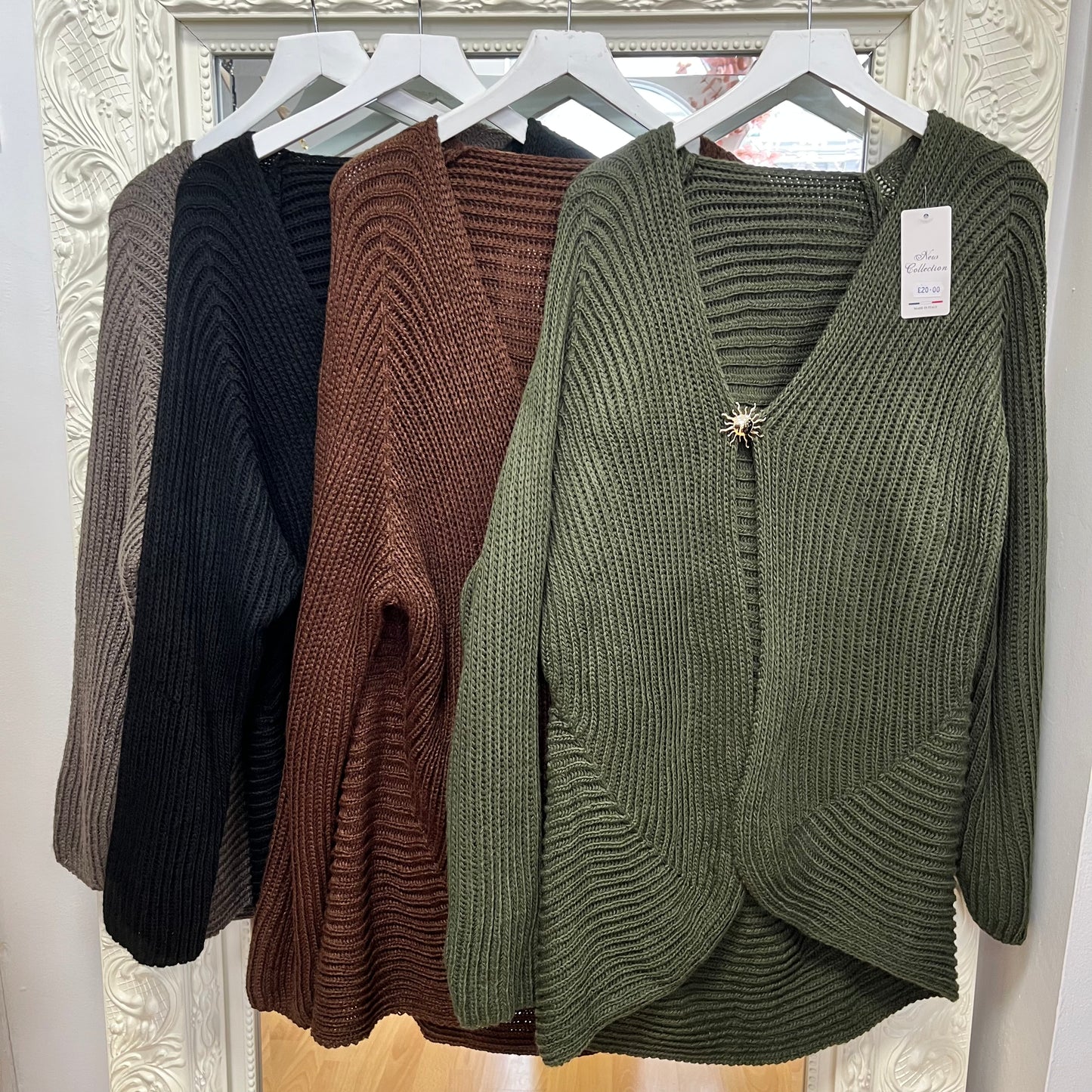 Tina - Statement Gold Brooch Clasp Knitted Cardigan – Fits 12-18 Cardi